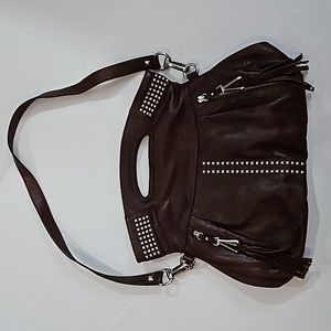 B Makowsky Brown Leather Purse Handbag Shoulder Biker Studded Fringe